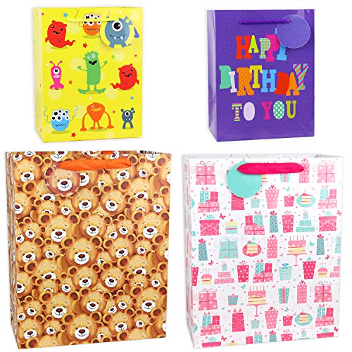 Fzopo Kids Birthday Gift Bag Assortment, Heavy Duty Paper Gift Bags, Red, Blue, Purple, Yellow, Brown (Pack of 12 Small, Medium, Extra Large Bags for Birthdays, Kid Party, Children's Day) - Thumbnail 3