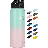Fanhaw 24 oz Insulated Stainless Steel Water Bottle with Anti-Dust Chug Lid, Leakproof Vacuum Metal Bottle for Kids, Women & Men (Green Pink)