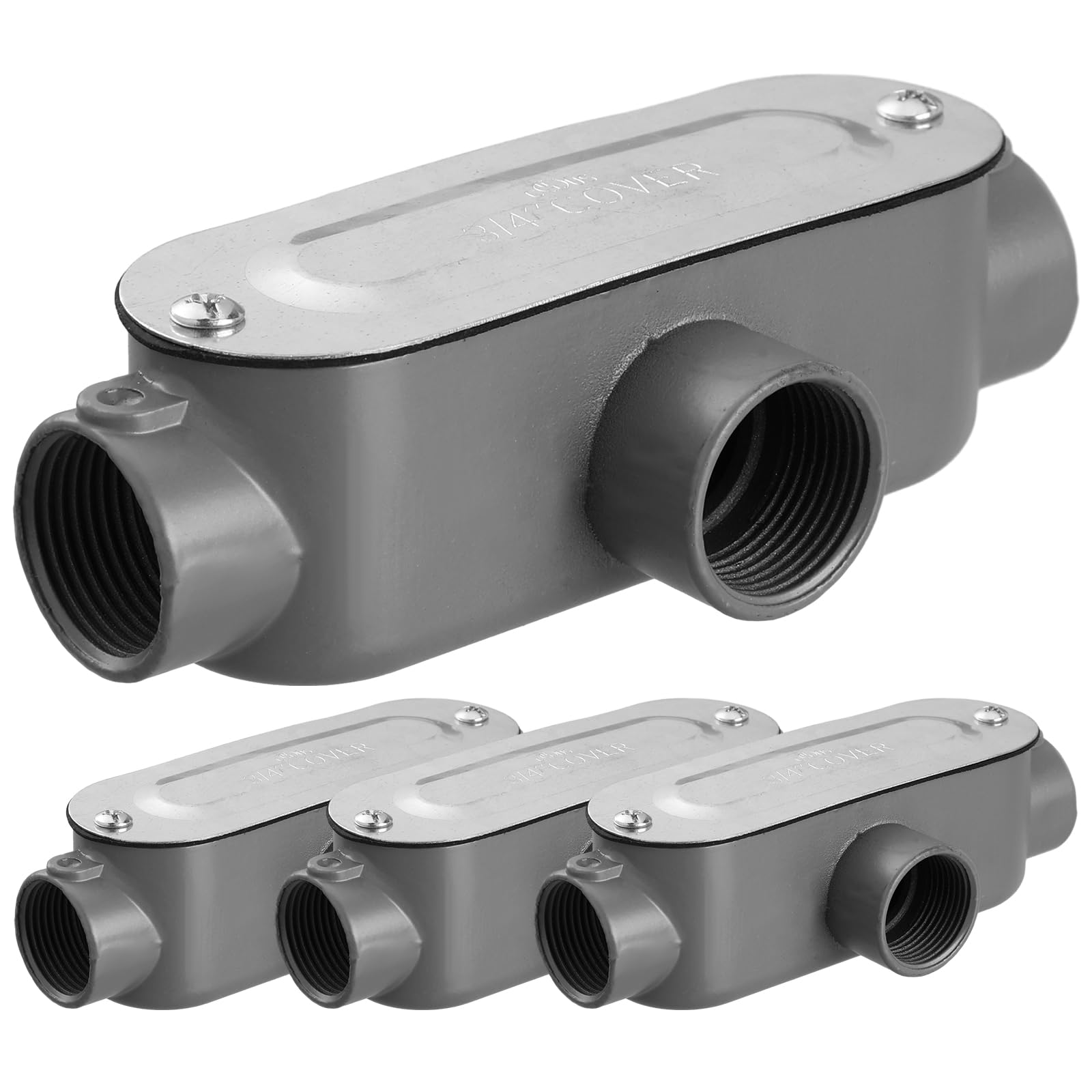 Photo 1 of Tandefio 4 Pcs 3/4 Inch Threaded T Type Conduit Body, Stamped Steel Cover, Die Cast Aluminum Junction Box