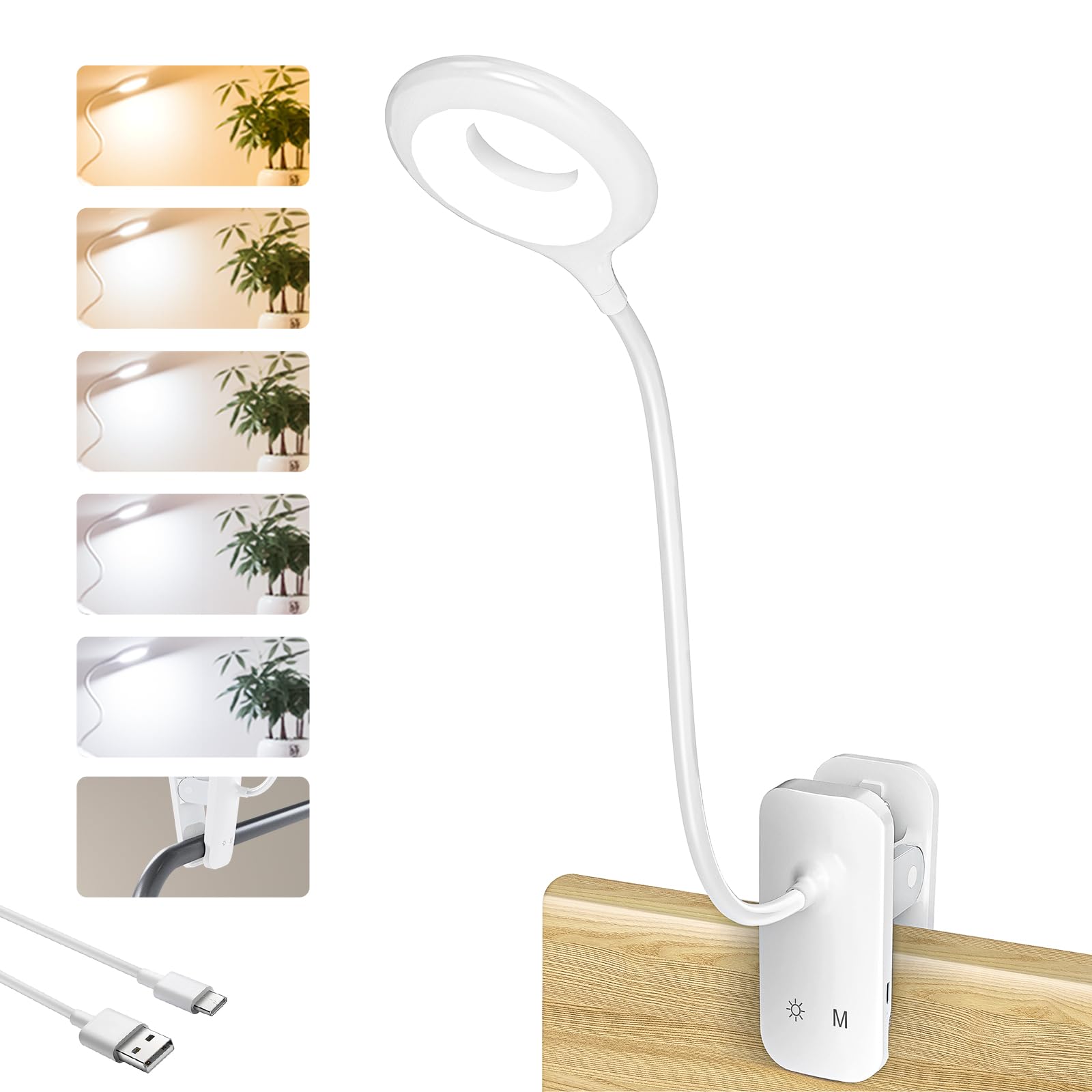 CUHIOY Clip on Reading Light for Bed, Rechargeable Battery Reading Light, 5 Color 5 Brightness & Touch Control Headboard Lamp, Large Clamp Desk Light with Flexible Neck, Eye Protect Bedside Book Light