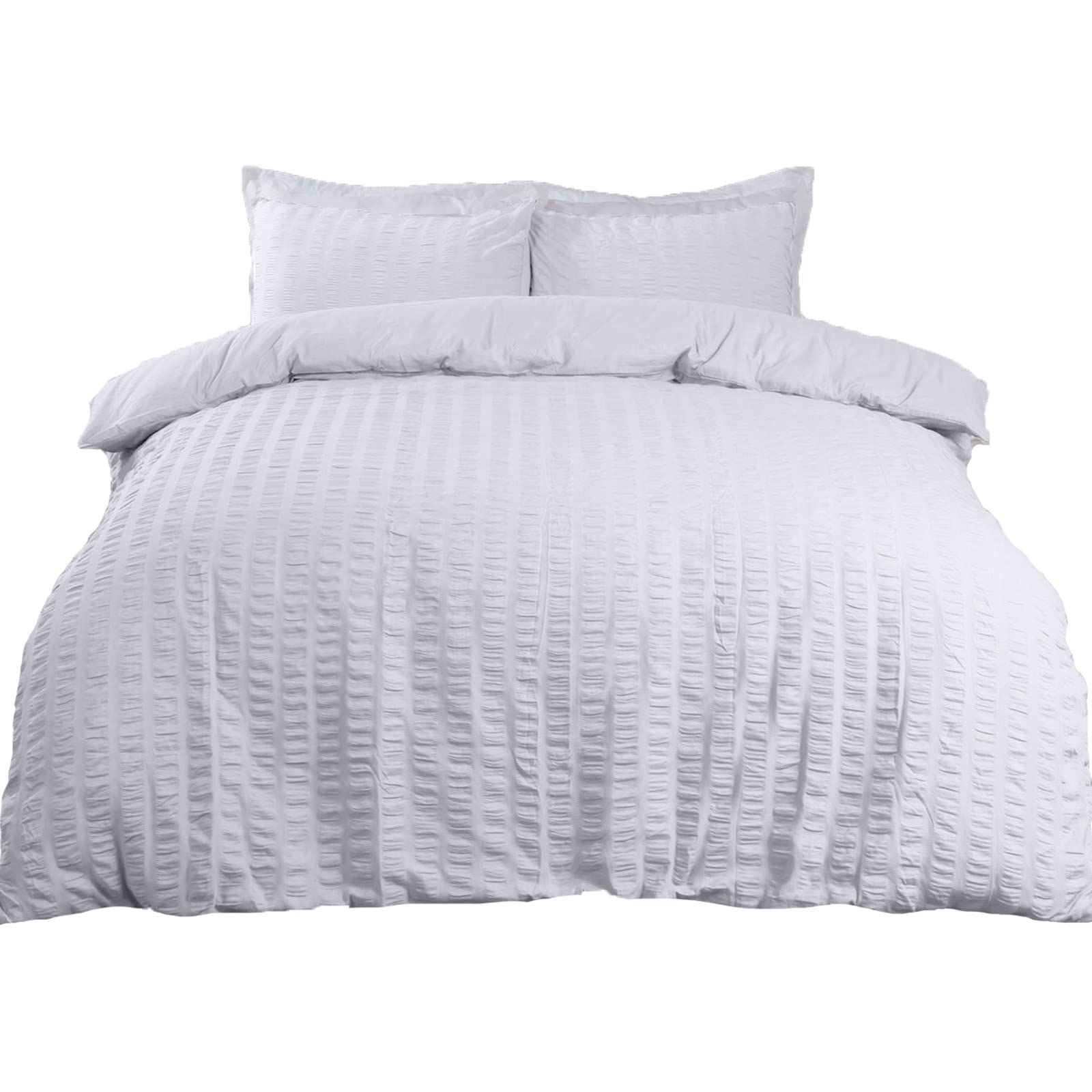 Highams Seersucker Superking Duvet Set, Super Soft Cosy Warm Luxurious Plain Dye Textured Ruffled Seersucker Quilt Superking Bedding Set with Pillowcases, White