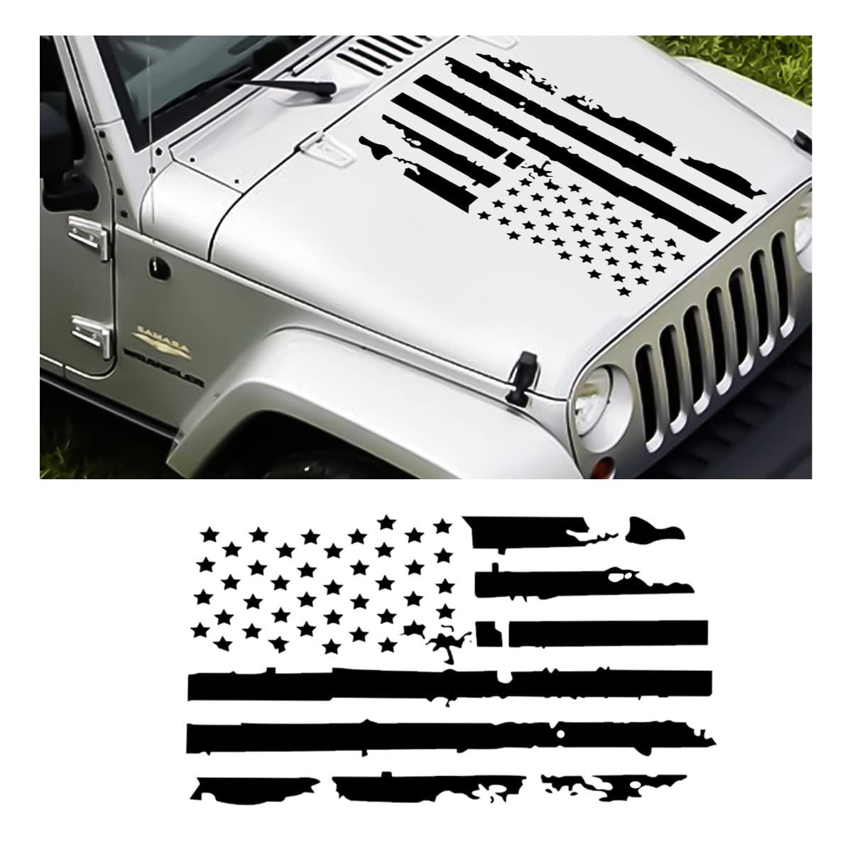 Photo 1 of 16.9''x30.7'' Distressed USA US Flag Sticker for Car Hood, Patriotic Old Glory Military Grunge Decals for Door Window Bumper, Auto Graphic US Flag Decoration for Most Cars, SUV, Truck (Black)