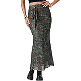 Rooscier Women's Floral Print Mesh Long Skirt High Waist Tie Fishtail Bodycon Maxi Skirts