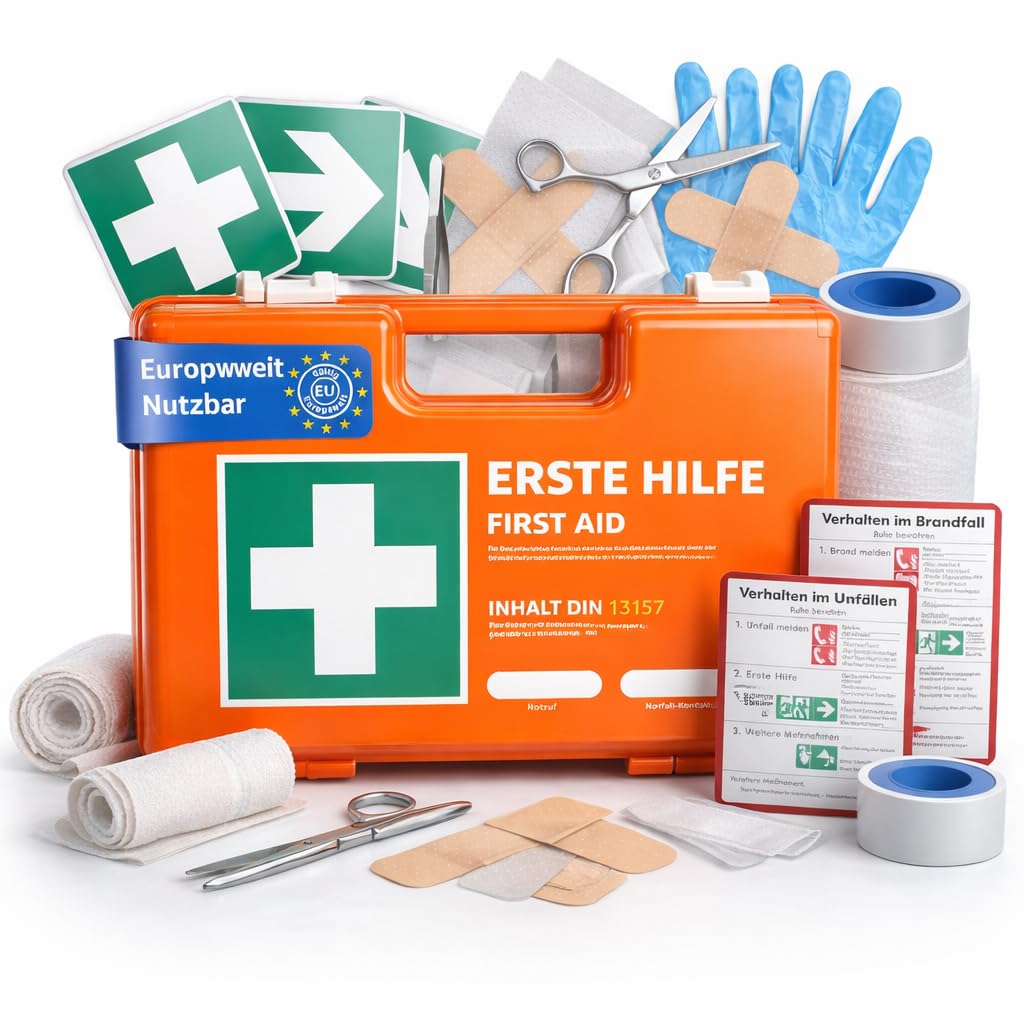 Erste Hilfe Kasten - DIN 13157 Koffer für Unternehmen & Betriebe - Verbandskasten orange nach aktueller Norm geprüft - Mit Aufkleber & Wandhalterung
