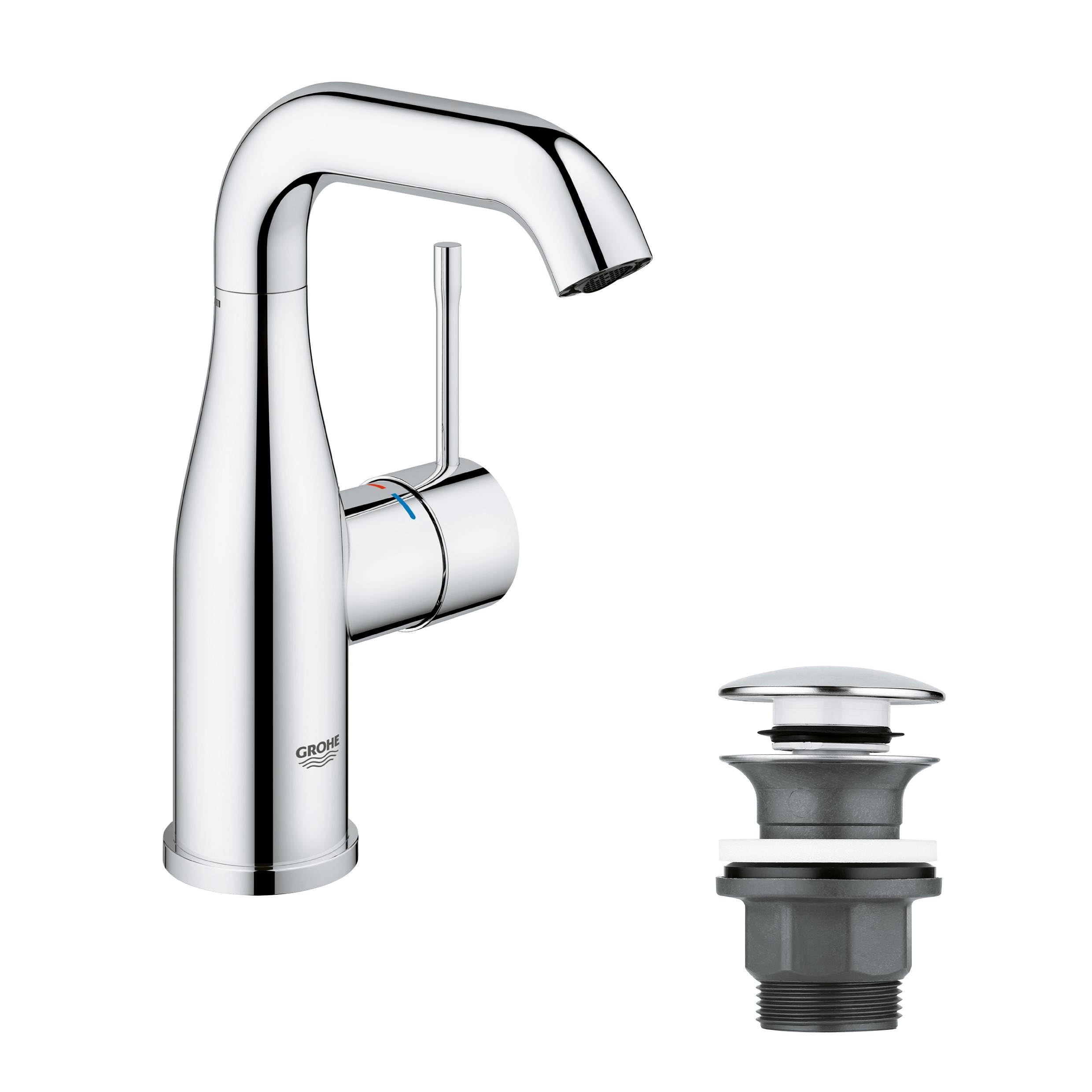 GROHE Essence Smooth Body Basin Mixer Tap with Waste Push-Open Plug Set (M-Size, Metal Lever, 28mm Ceramic Cartridge, Water Saving, Swivel Spout, 3/8 Inch Tails, Min. Pressure 1 Bar), Chrome, 23798001