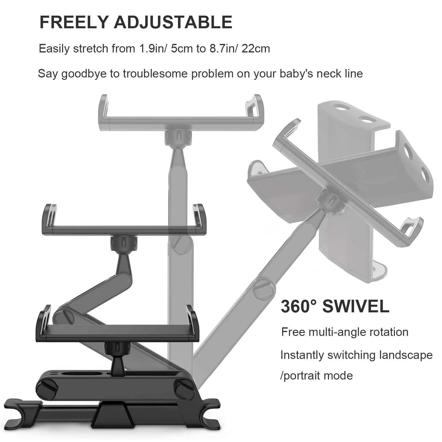 Timewall Car Headrest Tablet Mount, Backseat Seat Universal Cell Phone Holder 360 Swivel Rotating Angle Adjustable Stretchable for iPad iPhone, Samsung, Switch, 5-11