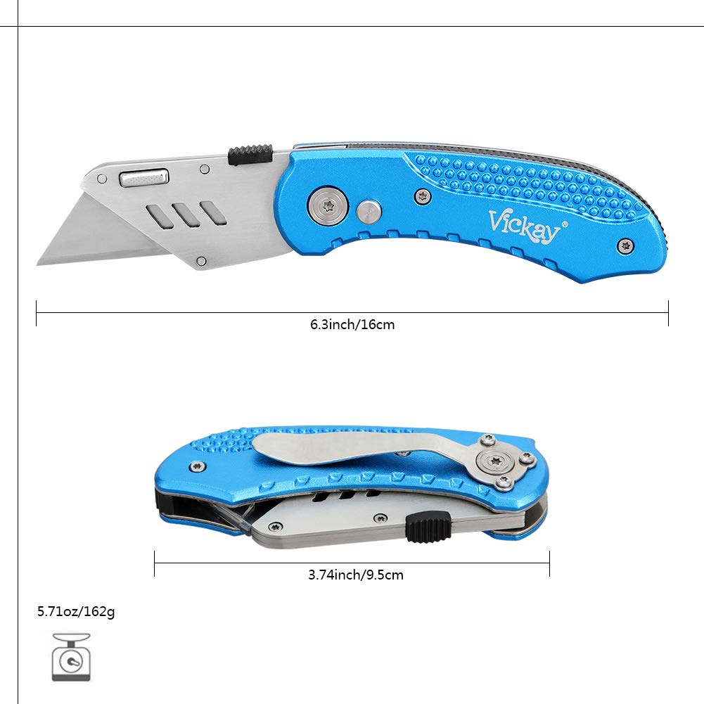 Folding Utility Knife Heavy Duty Box Cutter with 5 SK5 Quick Change Blades, Safety Lock-Back Design, Lightweight Aluminum Body Belt Clip for Office, Home(Blue)