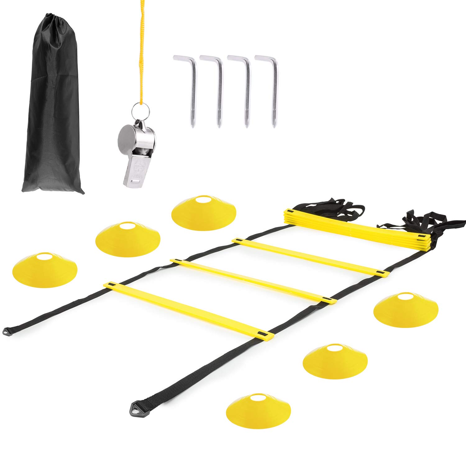 Omasi Agility Ladder Speed Ladder Training Ladder,for Football, Fitness, Sports, Handball, Soccerfor,Outdoor Sports Training +6M 12-Rung , 6 Durable Cones & 4 Stakes 1 metal whistle+Black Carry Case