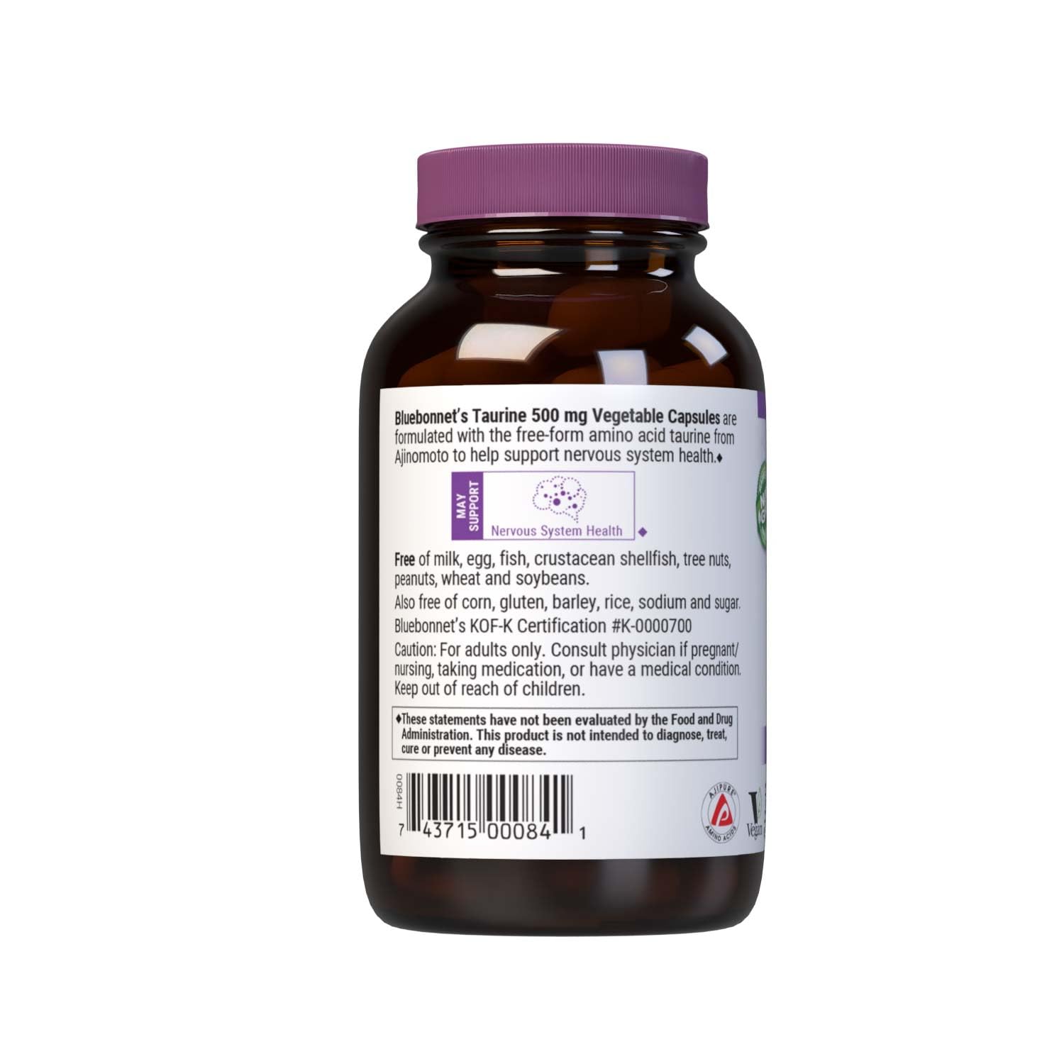 Bluebonnet Taurine 500 mg Vitamin Capsules, 50 Count