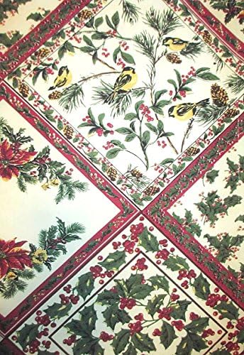 ac-hh70n4 April Cornell Christmas Set 70" ROUND Tablecloth 4 Dinner Napkins 100% Cotton Holiday Sampler Chickadee