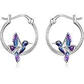 YFN Hoop Earrings with Cat Hummingbird Bird Horse Snake Mountain Dinosaur Earrings Sterling Silver for Sensitive Ears Cute Animal Hoops Gifts for Women