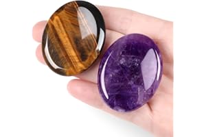 YATOJUZI Thumb Worry Stone for Anxiety Healing Crystals Sets 2PCS Tiger Eyes Amethyst Hand Carved Stones Gemstone Pocket Natural Stone Meditation Reiki Oval Shaped Palm Stone Therapy