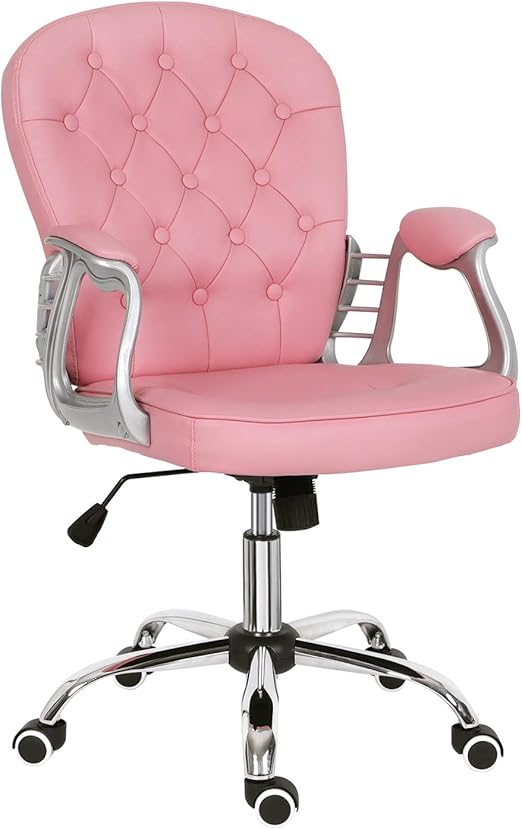Desk Chair for Home,Leather Pink Comfy Padded Computer Chair Adjustable