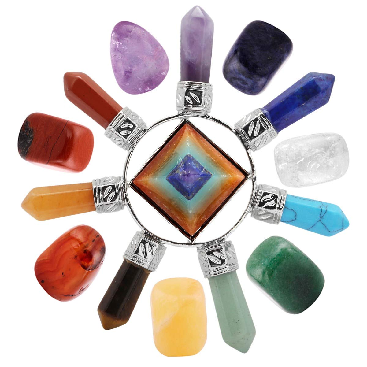mookaitedecor 7 Chakra Crystals Set,Healing Crystal Polished Tumbled Worry Stones & Chakras Pyramid Energy for Reiki Balancing Meditation Kit