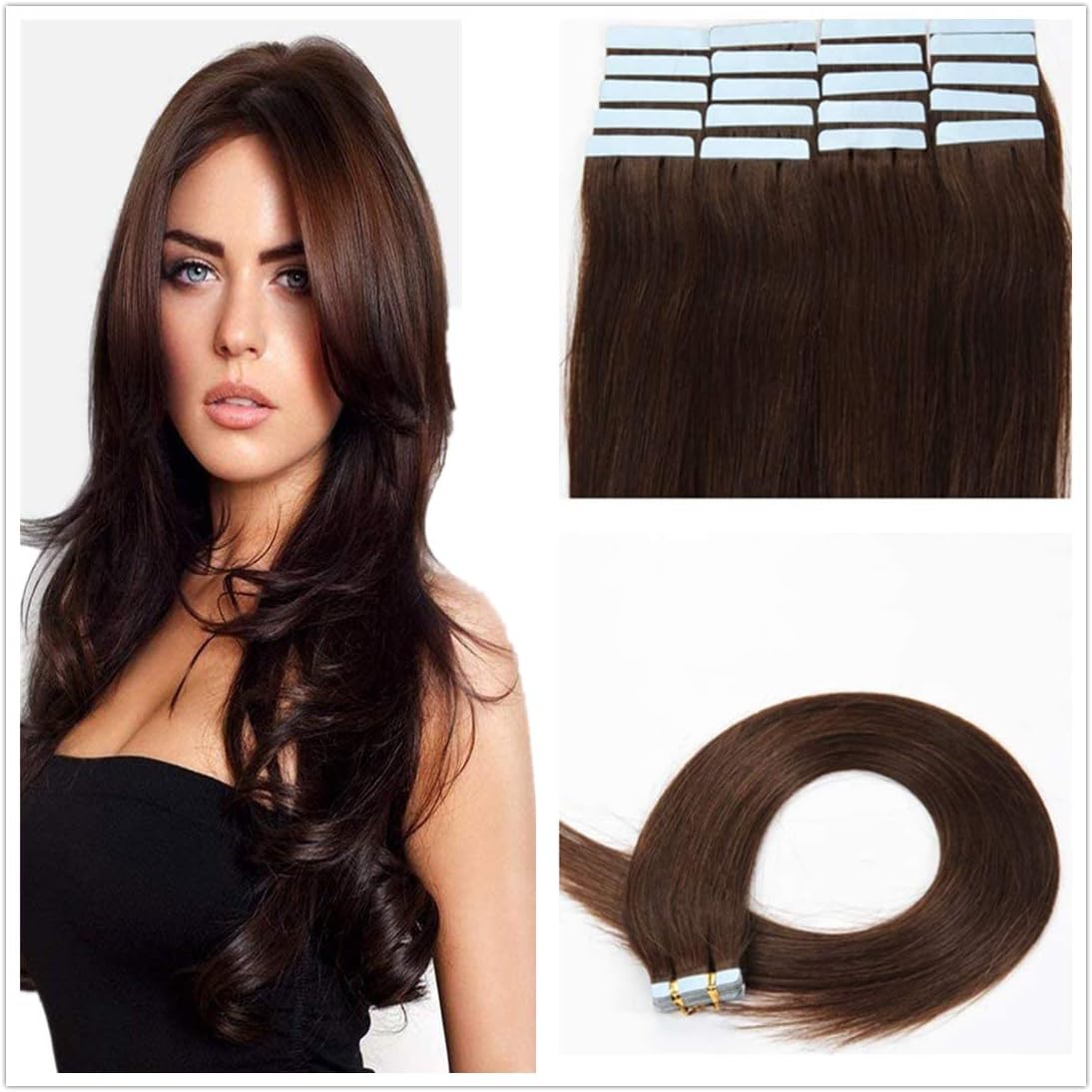 Bette Hair 100% Remy Hair Real Natural Tape in Human Hair Extensions 8A Skin Weft Straight 20pcs 70g (24 inch 70g,4# Light Brown)