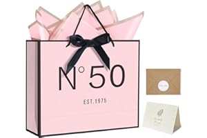 QLSKO 50th Birthday Gift Bag with Card Envelope Sticker Bow Ribbon and Tissue papers for Women,N°50 EST.1975 Design with Handles,for Celebrating 1975 50 Year Old Birthday Anniversary 13" (EST.1975 50th)
