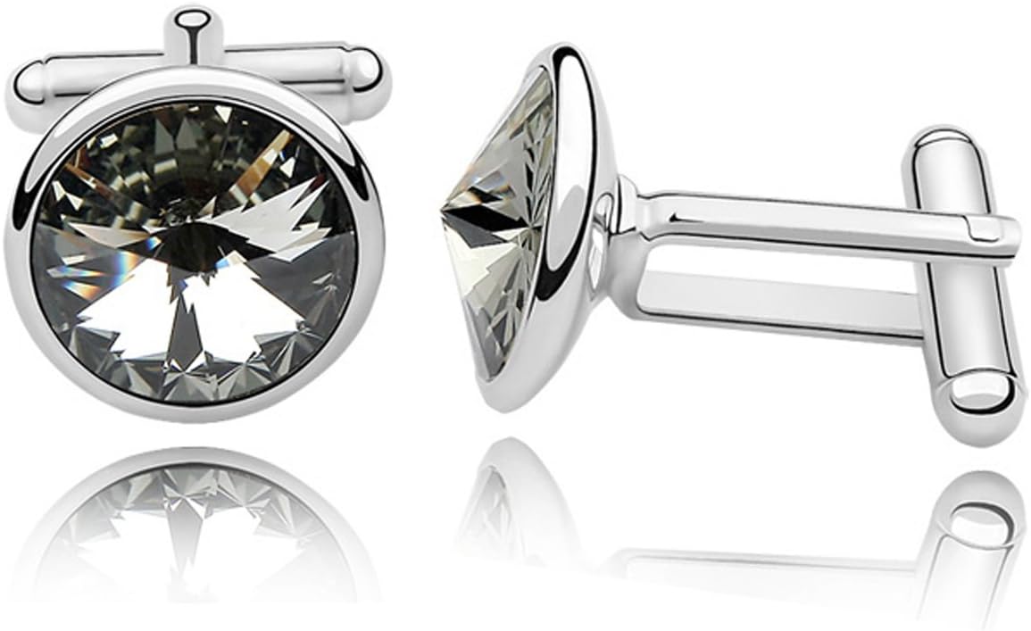 Rhdium Plated Black Diamond Crystal Round Button Men Cufflinks Cufflink