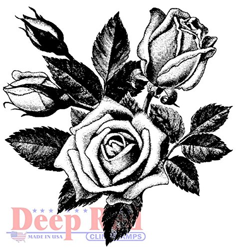 Deep Red Stamps Rose Blooms Rubber Stamp