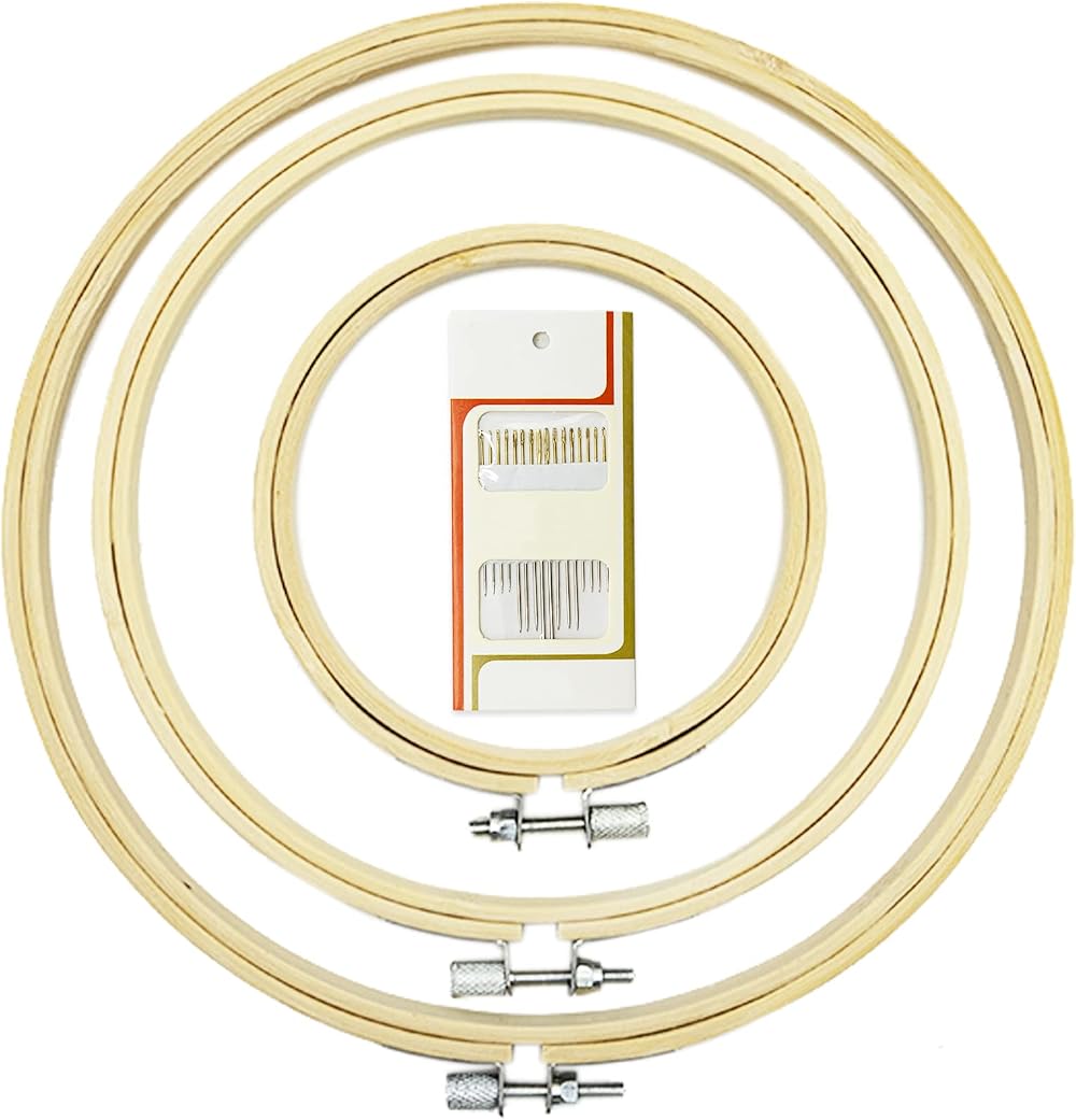 LAMXD 3Pcs Embroidery Hoop Set 3 Sizes Bamboo with Gold Eye Needles