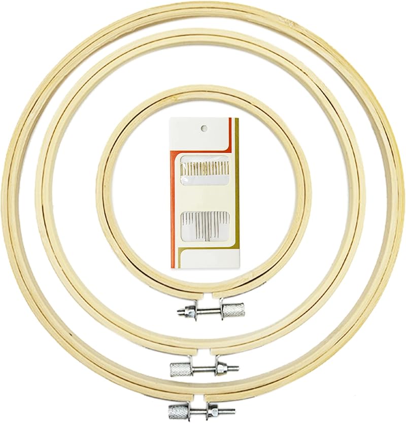 LAMXD 3Pcs Embroidery Hoop Set 3 Sizes Bamboo with Gold Eye Needles