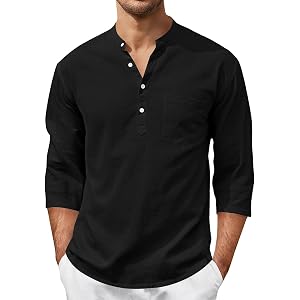 Mens Linen Henley Shirts Half Sleeve V Neck Solid Vacation Tops Stretchy Casual Summer Beach Tee Shirts with Pocket