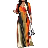 Maxi Dresses for Women Casual 3/4 Sleeve Wrap V Neck Semi Formal Elegant Long Church Dress with Belt