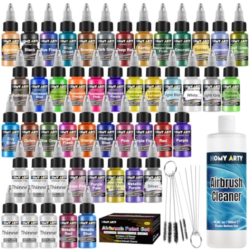HOMY ARTY Airbrush Paint - 42 Colours with 6 Thinners and Cleaner 500ml with Brushes, Airbrush Ready Acrylic Paint for Metal, Plastic, Canvas, Wood, 20 ml/Bottle
