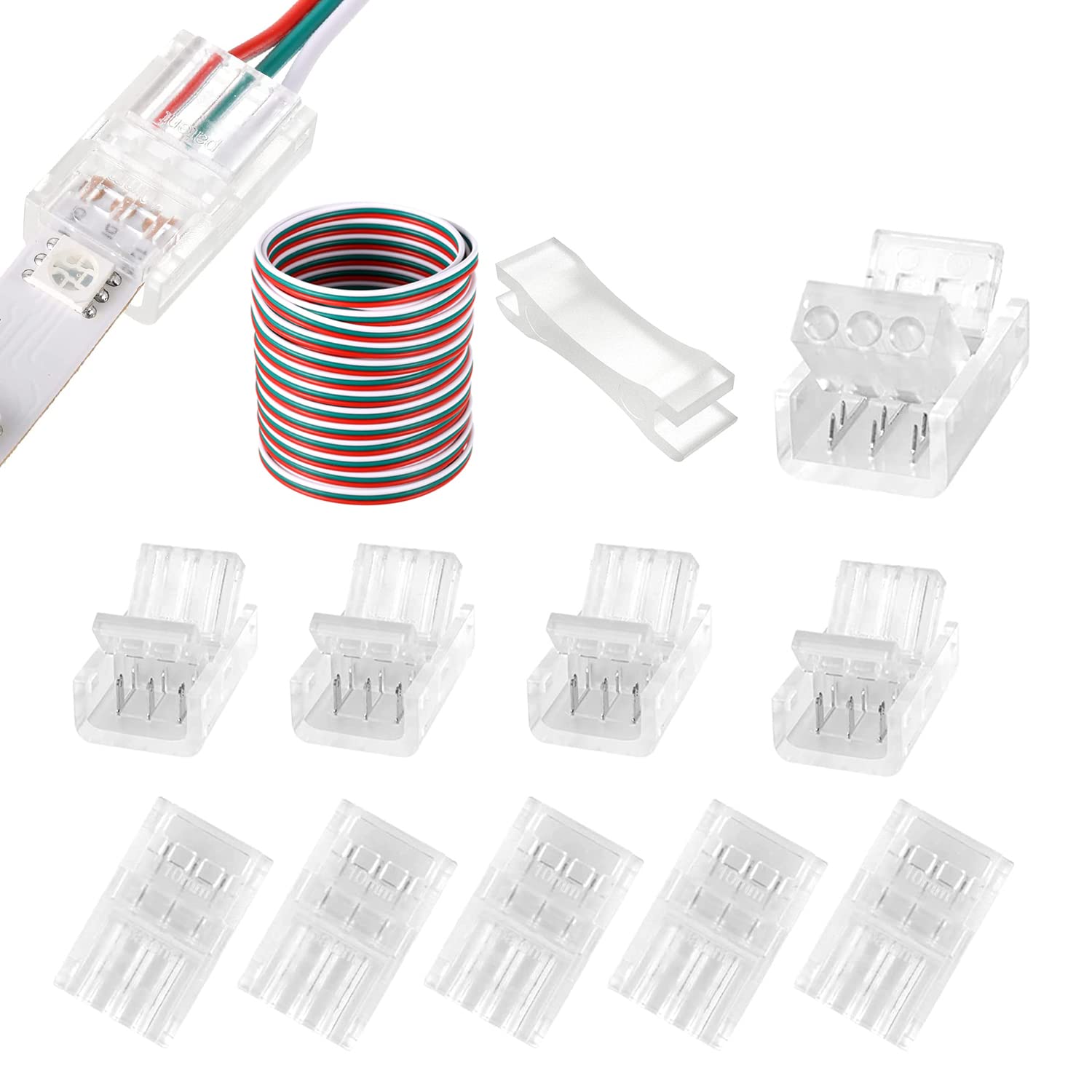 new LED Strip Connector Terminal 3 Pin 10mm Waterproof or Non-Waterproof for Dimmable, Dual Color, WS2812,WS2811 Digital Tape Light,Connect Strip to Extension Wire With 5m Extension Cord,Pack of 10