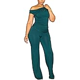 CXXQ 2 Piece Club Outfits for Women Clubwear Sexy Off Shoulder Ruched Crop Tops Bodycon Wide Leg Pant Sets Pantsuits