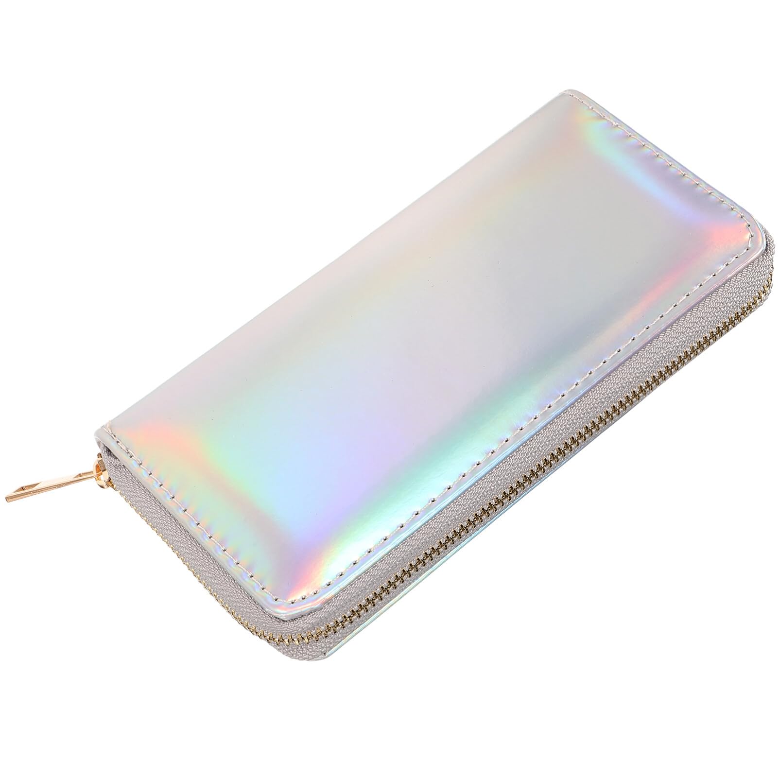 Women's Silver Glitter Wallet with Zip, Holographic Long PU Leather Wallet for Credit Cards and Mobile Phone, Women