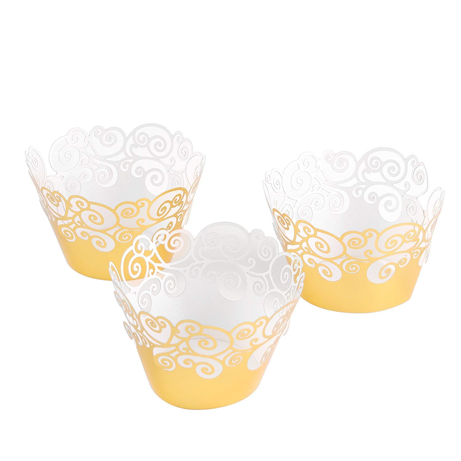 Filigree Artistic Cupcake Paper Cup Liner Vine Lace Laser Cupcake Wrappers for Wedding Party Birthday Decoration (Mirror Gold)