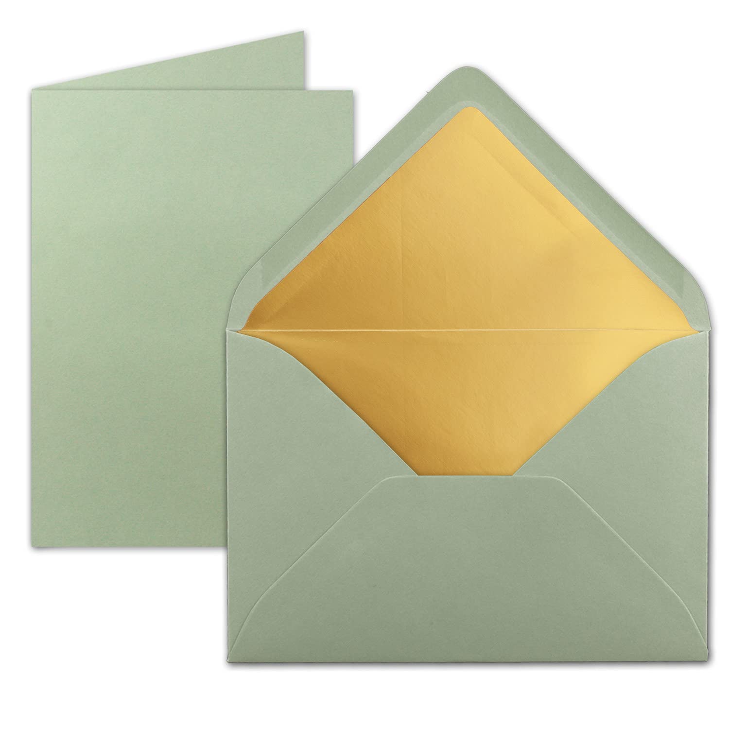 25 sets - folding cards DIN A5 - Eucalyptus (green) with envelopes DIN C5 with gold metallic lining - 14.8 x 21 cm -