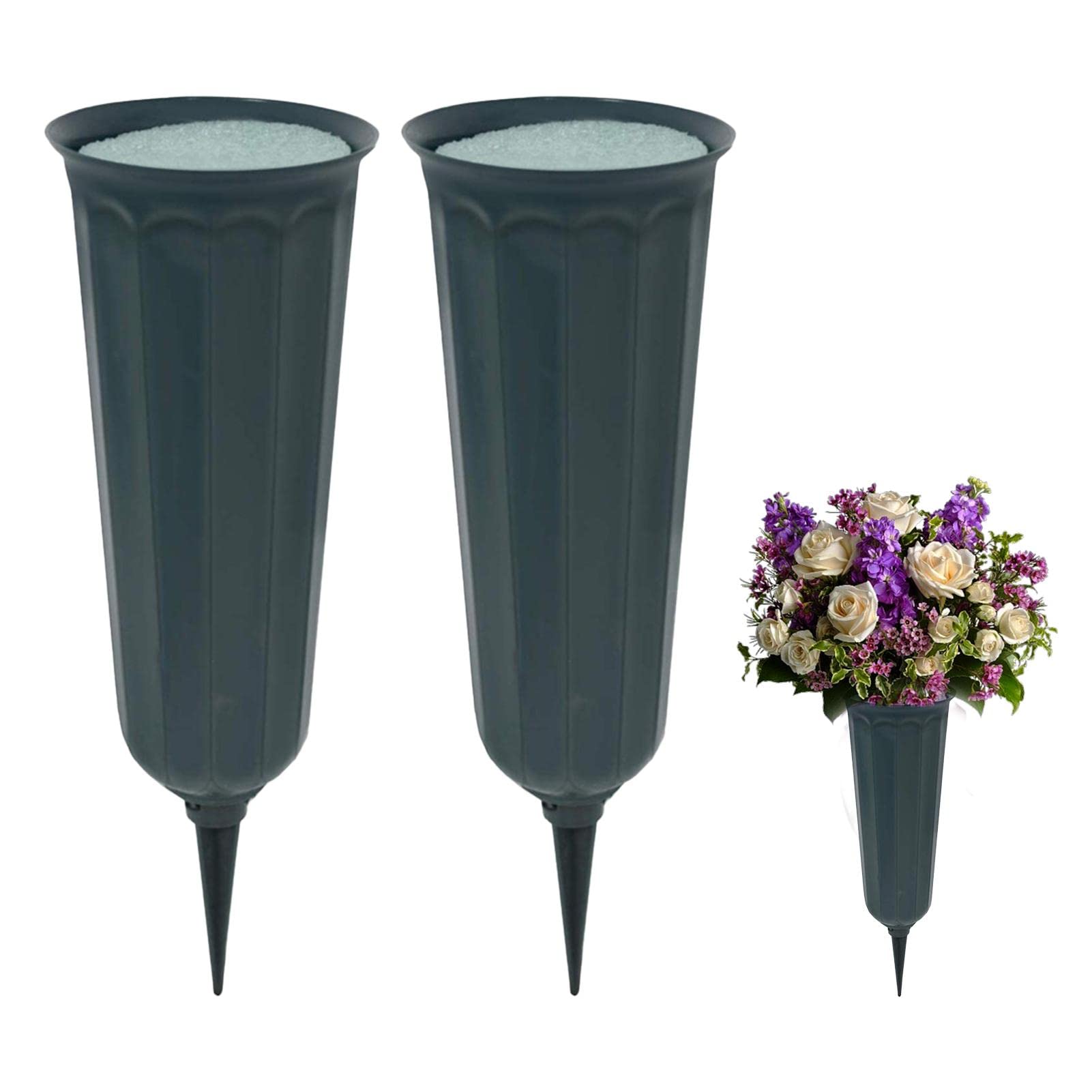 Fiacvrs 2pcs Cemetery Vase with a Stake and Foam Inserts, Plant Flowers Holder for Keeping Bouquets in Place, Elegant Grave Decorations for Cemetery(flower holder)
