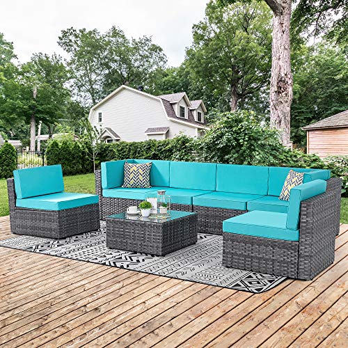 Walsunny 7 Piece Outdoor Patio Furniture Sets, PE Silver Gray Rattan Wicker Sectional Sofa Couch