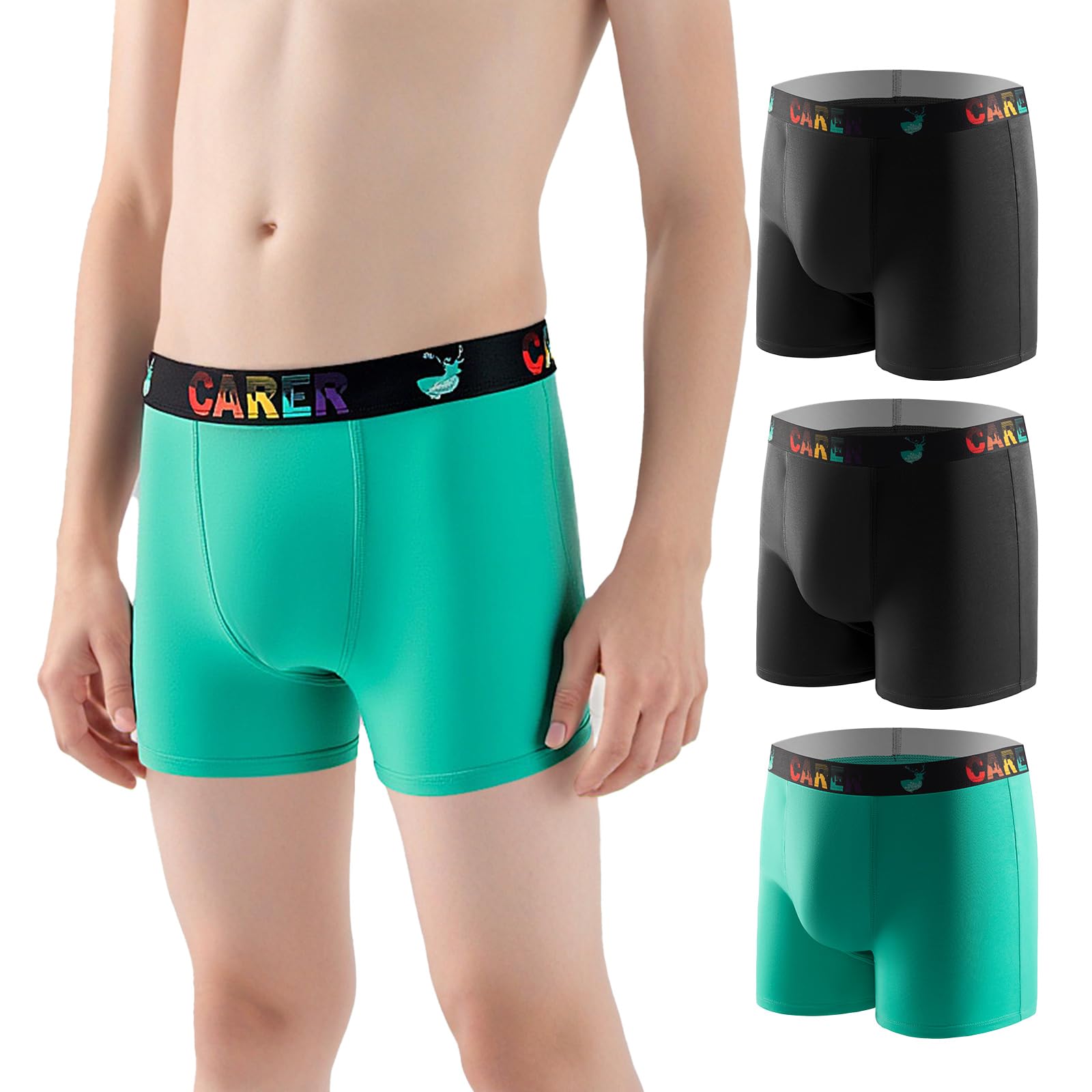 Photo 1 of Carer Boys Incontinence Underwear Washable Kids Cotton Incontinence Boxer Briefs with Front Absorbency 90ml Reusable Leak Proof Underwear for Youth Boy Age 4-18 3pk L (2 Black, 1 Green)