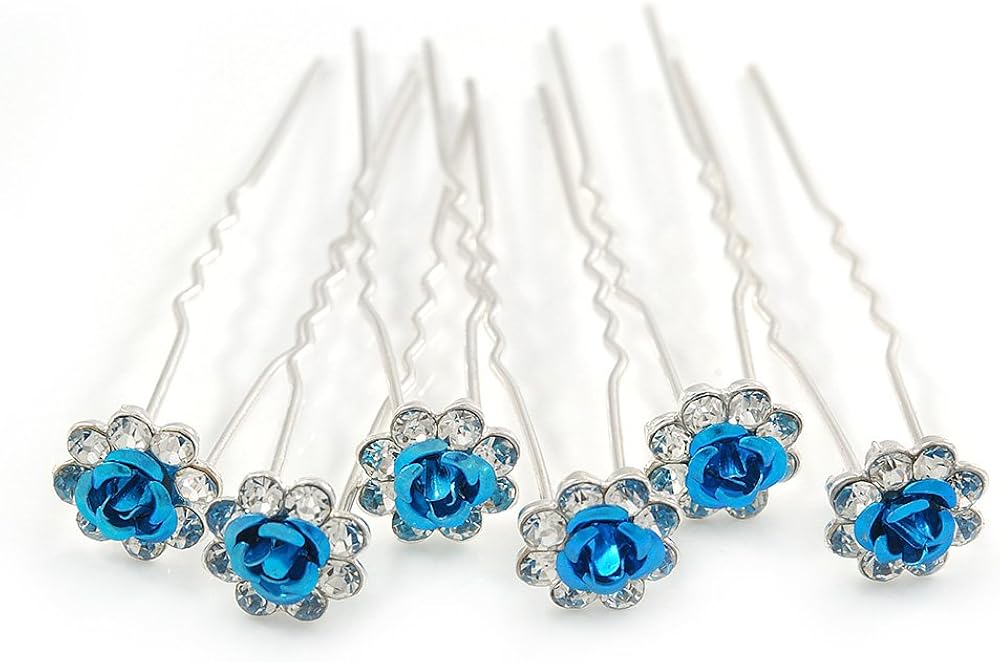 Bridal/Wedding/Prom/Party Set Of 6 Clear Austrian Crystal Teal Blue Rose Flower Hair Pins In Silver Tone, Blue,Rose,Silver