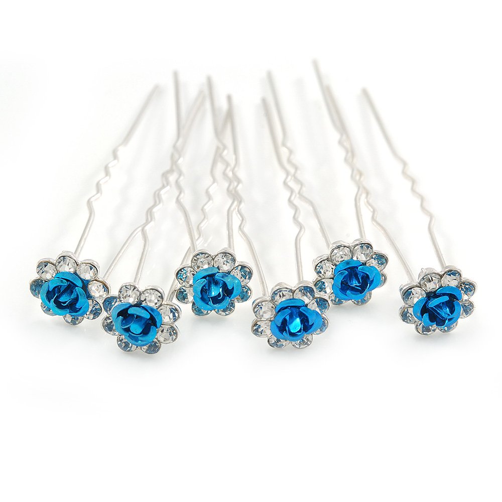 Bridal/Wedding/Prom/Party Set Of 6 Clear Austrian Crystal Teal Blue Rose Flower Hair Pins In Silver Tone