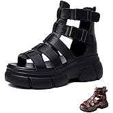 Optigard Women's Leather Platform Gladiator Sandals with Back Zipper, Open Toe Non-Slip High-Top Fisherman Sandals Comfortable Chunky Dress Party Roman Shoes