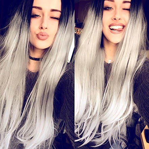 Musegetes Ombre Silver Straight Synthetic Lace Front Wigs Long Full Heat Resistant For Women 24" HS0003