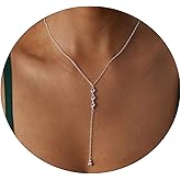 VIROMY Dainty Y Necklace for Women Trendy Lariat Long Gold Necklace 14k Gold Plated Round zircon Drop Simple Handmade Tiny Flat Water Drop Lace Lip Chain Y-Shaped Chain Necklace Women Jewelry Gift