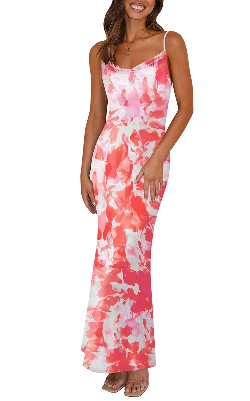 PRETTYGARDEN Women's 2026 Summer Dress Floral Spaghetti Straps Bodycon Dresses Plus Size Sexy Party Maxi Long Tight Dress (Light Orange,X-Large) Image