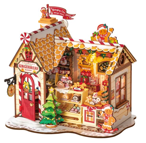 ROBOTIME DIY Miniature House Kit, Tiny House Book Nook for Family and Friends, Mini Wooden Dollhouse Kit for Halloween/Christmas/Birthday Gifts（Gingerbread House）