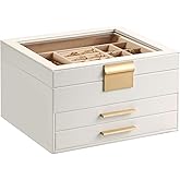 Somduy Jewelry Box Organizer for Women,3 Layers PU Leather Jewelry Storage Display Box with Glass Lid,Gift for people,3 Drawers,Large Capacity for Necklace Earrings Bracelets Rings,White