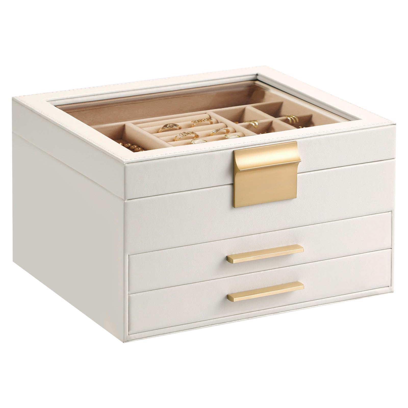 Photo 1 of Somduy Jewelry Box Organizer for Women,3 Layers PU Leather Jewelry Storage Display Box with Glass Lid,Gift for people,3 Drawers,Large Capacity for Necklace Earrings Bracelets Rings,White