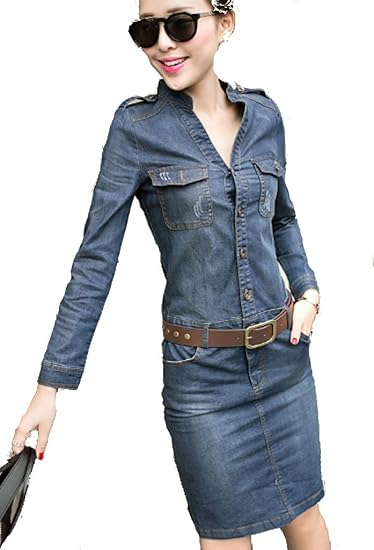 Amazon 人気の膝丈 デニムワンピースです 春先取りコーデで軽やかな雰囲気のファッションです ベルトで腰 襟元がおしゃれでカジュアル感があります 大きいサイズあり 2色 薄デニム デニム 限定 巾着袋付き Xl デニム ワンピース チュニック 通販