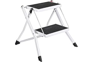 Delxo Portable Collapsible Lightweight Alloy Steel 2 Step Mini Stool Stepladder with Anti Slip Carry Hand Grip and Wide Pedal for Indoor Use, White