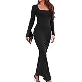 LUOFEN Women's Long Sleeve Maxi Dress Square Neck Ribbed Bodycon Dresses Formal Fitted Wedding Guest Dress 2025
