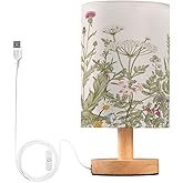 BOENLE Bedside Lamp Flowers Herbs Wildflowers Botanical Table Lamp for Bedroom LED Nightstand Lamp Shade USB Ports Wood Base for Living Room Dorm Office