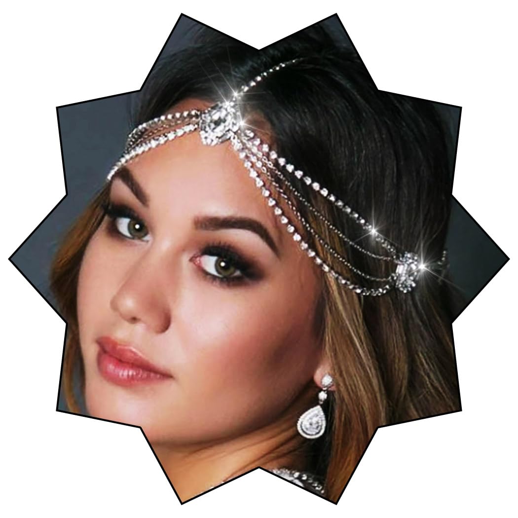 IYOU Crystal Bridal Head Chain Silver Layered Bride Headpiece Tassel Rhinestone Headband Hair Piece Festival Wedding Hair Accessories for Women (Silver)