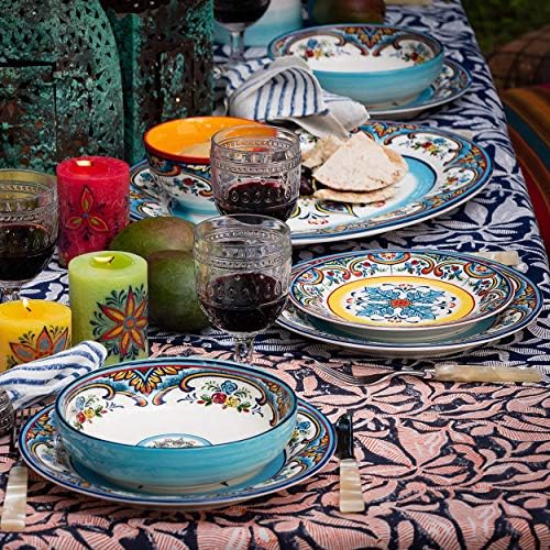 Colorful Zanzibar stoneware dinnerware set, design featuring protected patterns.